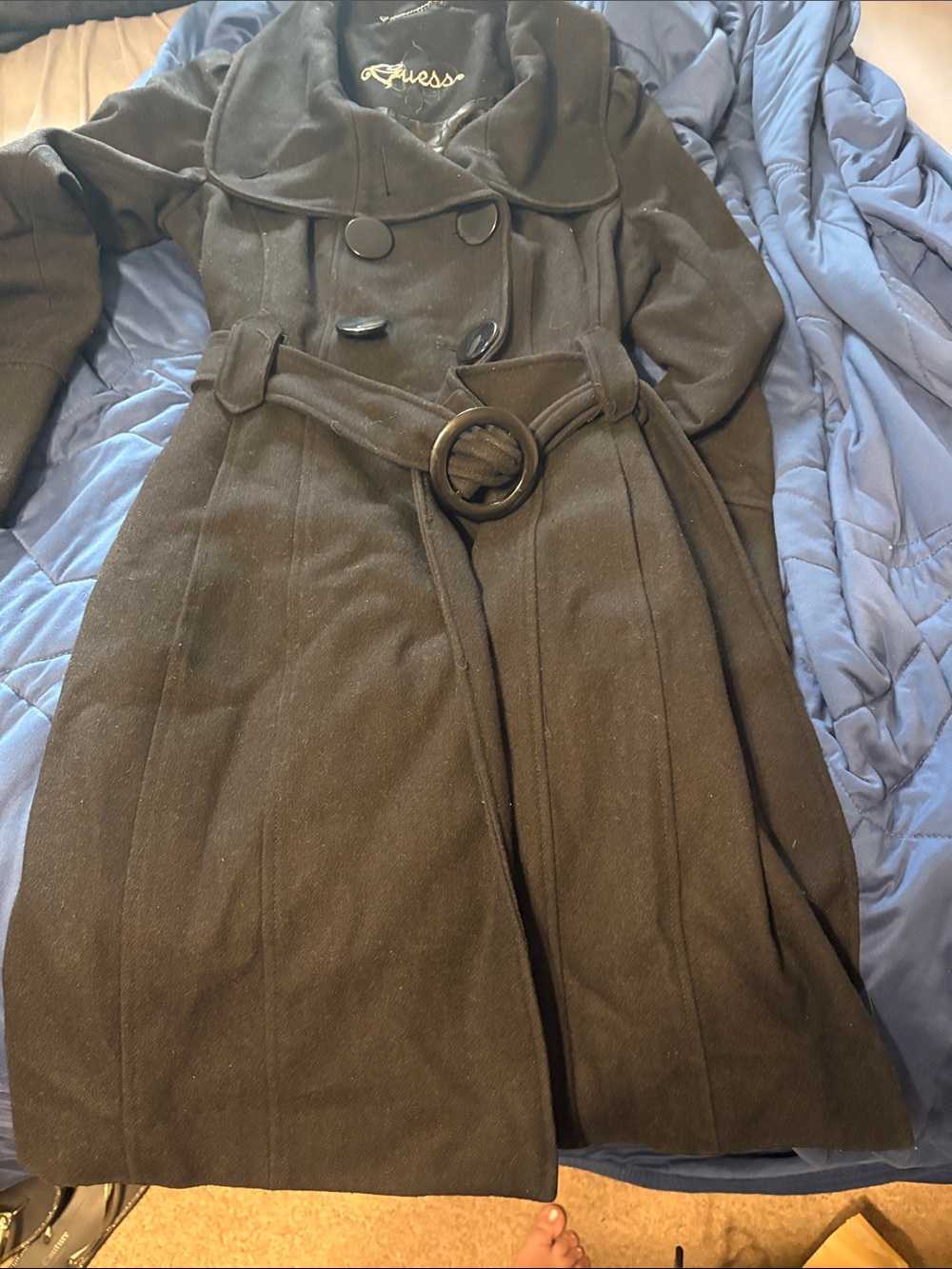 Guess Black Double-Breasted Wool-Blend Trench Coat with Belt